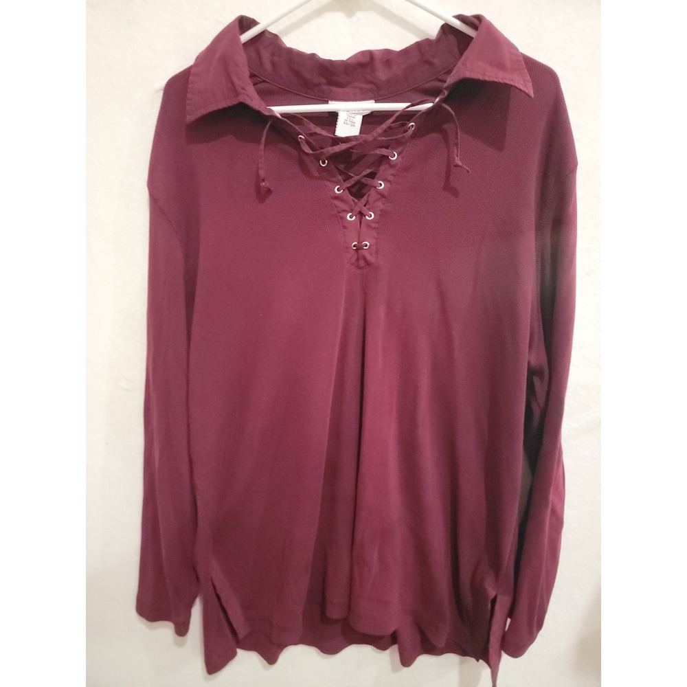 Avenue Womens Plus 22/24 Burgandy Ribbed Lace Up Neck Ribbed Long Sleeve Top